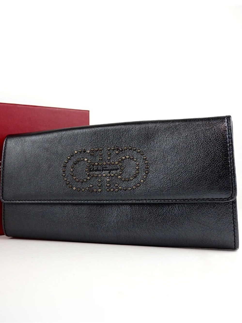 Salvatore Ferragamo Gunmetal Leather Studded WALLET EUC